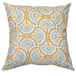 Fodera per cuscino da esterno decorativo con motivo blu e oro per giardino e patio.