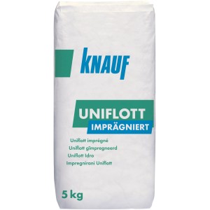 Sacco da 5 kg di stucco per giunti Knauf Uniflott impregnato per ambienti umidi.