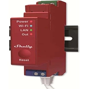 Modulo relè Shelly Pro 1PM rosso con connettività LAN, WLAN e Bluetooth.