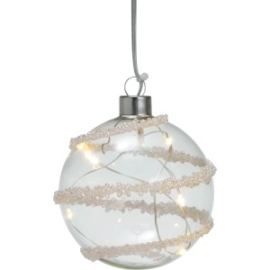 Palla di vetro decorativa e luminosa per interni, con perline e luci LED.