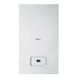 Caldaia bianca t.b.t. per riscaldamento e acqua calda.
