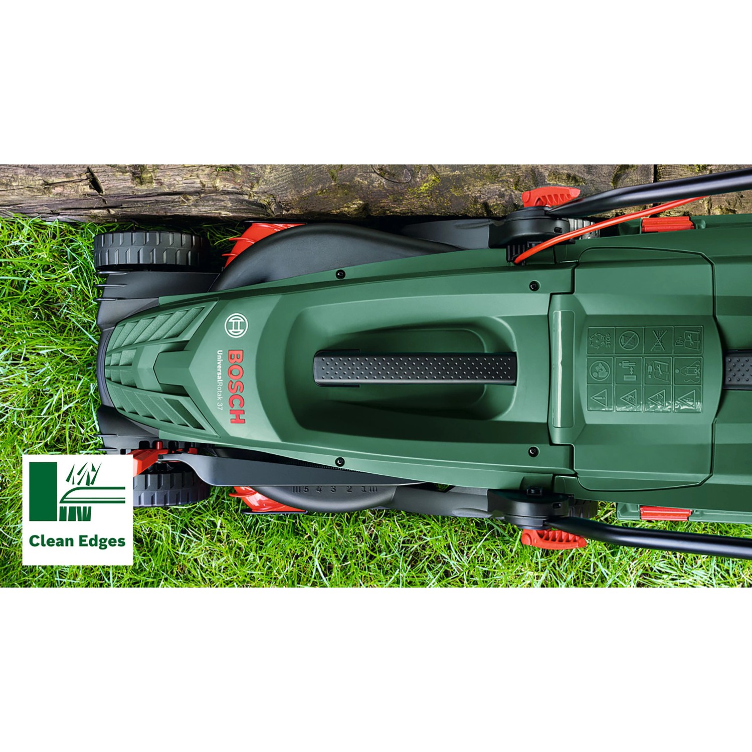 Rasaerba elettrico Bosch Easy Rotak 32-215 verde taglia l'erba con precisione lungo un bordo in legno. Per bordi puliti.