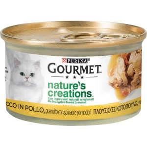 Purina Gourmet Nature's Creations cibo umido per gatti, lattina con pollo, spinaci e pomodori.