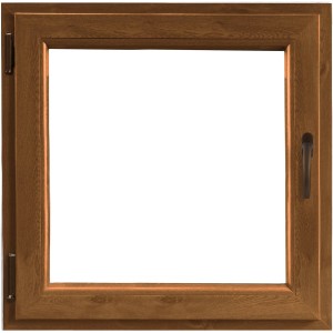 Finestra in PVC marrone con maniglia. Ideale per nuove costruzioni e ristrutturazioni.