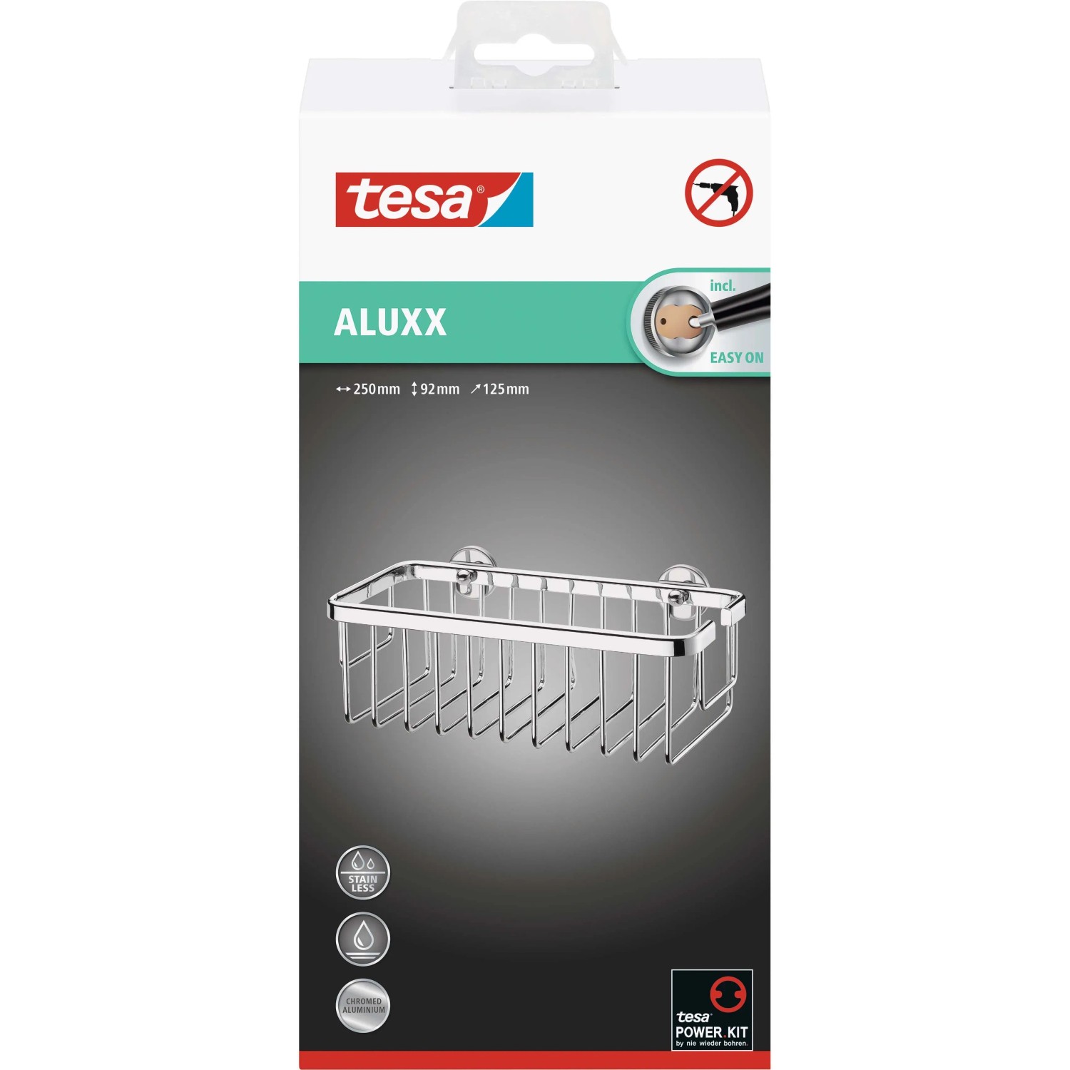 Tesa Aluxx cestello doccia, 25 cm, alluminio cromato, per montaggio a parete senza forare.
