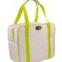 Borsa da campeggio bianca con manici e dettagli verdi.