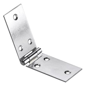 Cerniera per mobili in metallo, aperta, con fori di montaggio.