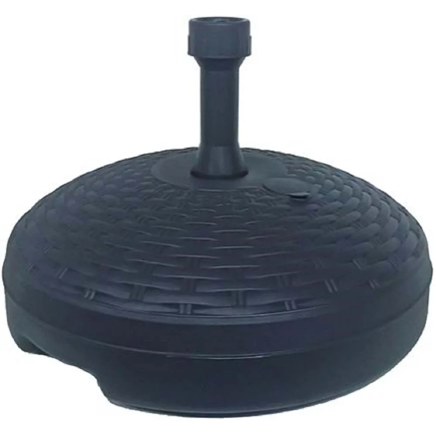 Supporto per ombrellone nero con design in rattan.