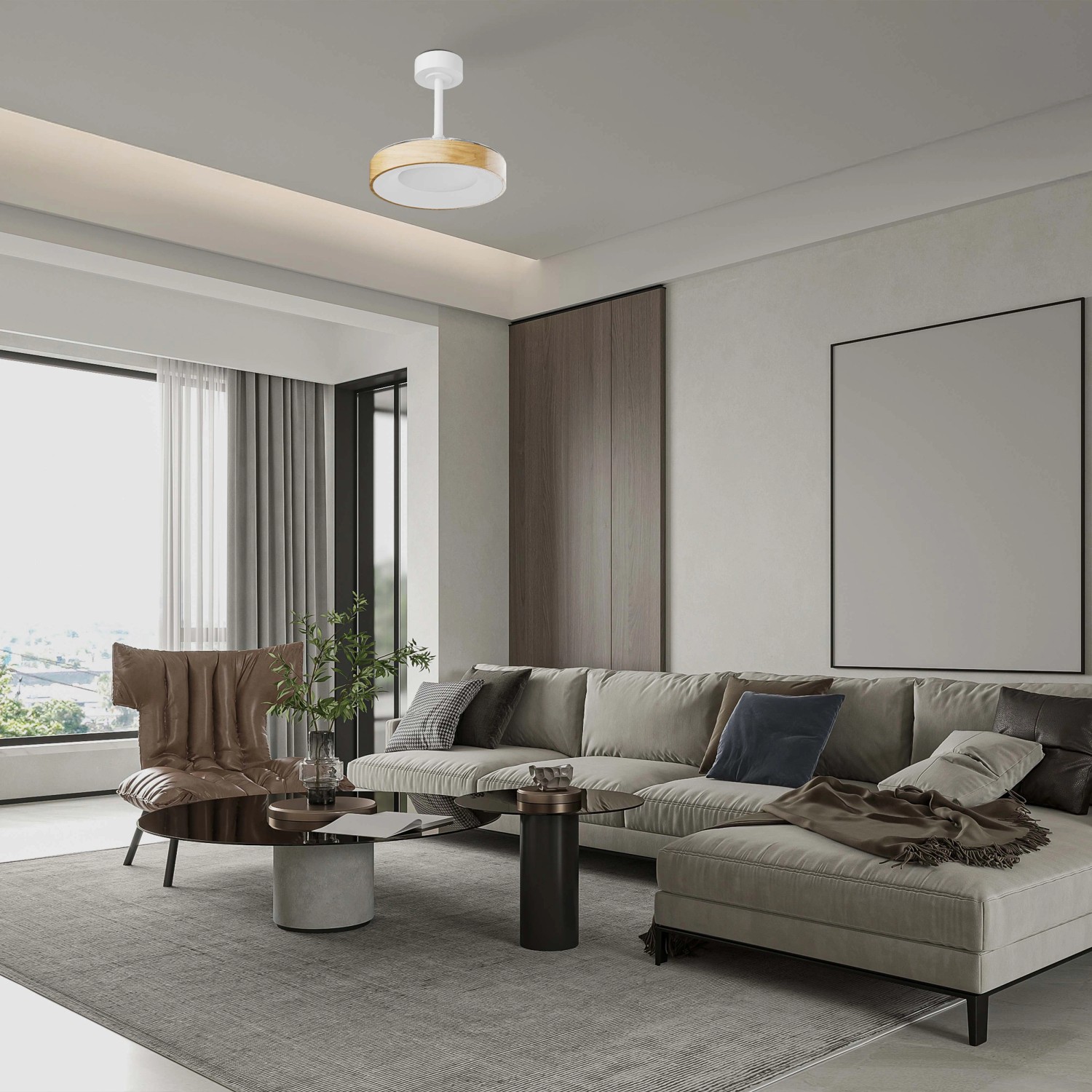 Plafoniera LED moderna t.b.t. effetto legno in soggiorno.