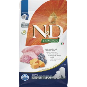 N&D Pumpkin cibo secco per cuccioli, taglia media e maxi con agnello, zucca e mirtilli.