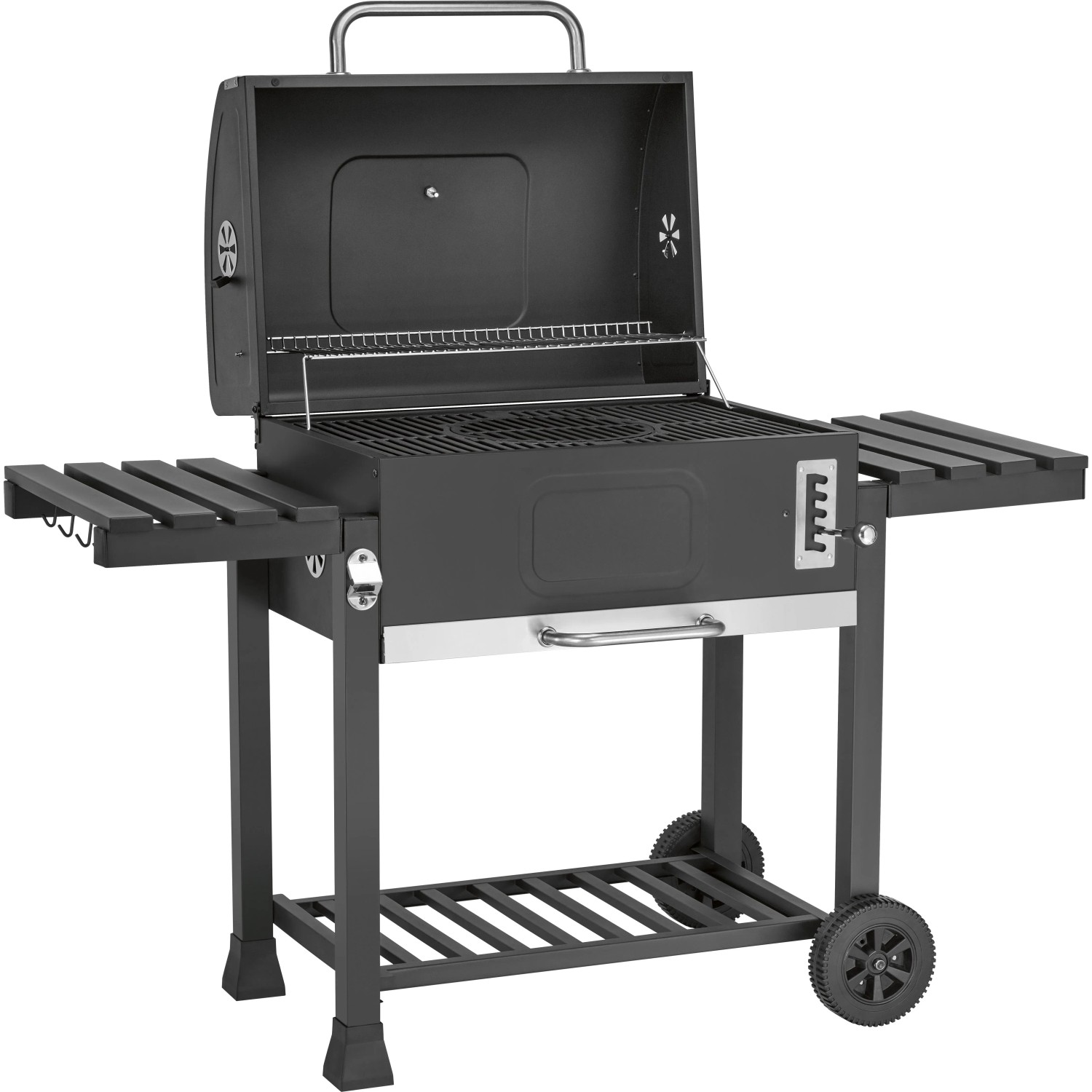 Barbecue a carbone Jamestown Jaxon XL grigio scuro con coperchio aperto, ripiani laterali e ruote. Per giardino e balcone.