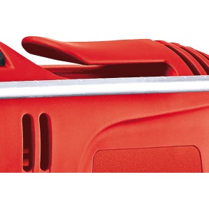 Dettaglio del trapano a percussione rosso Einhell TC-ID 650 E con arresto di profondità.