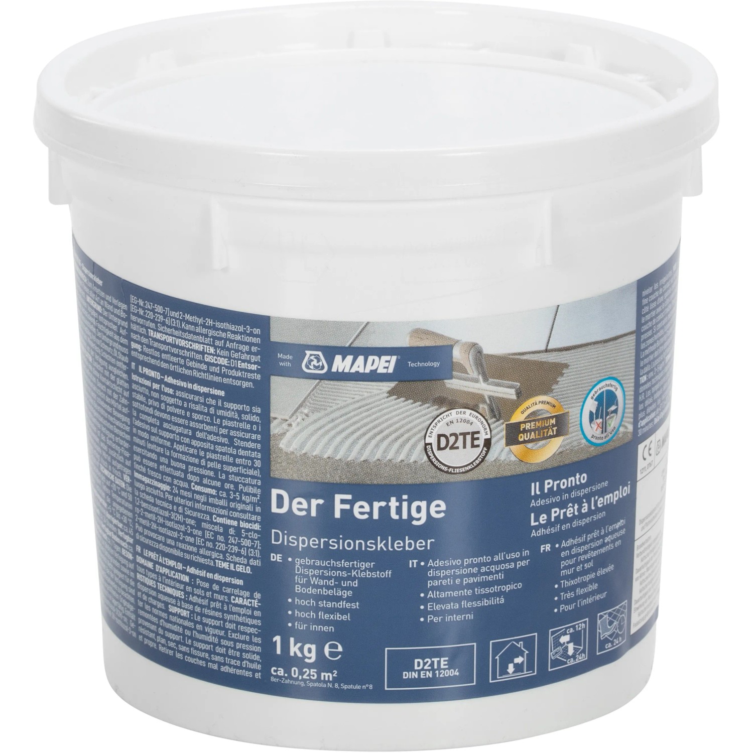 Secchio di adesivo a dispersione Mapei, colla per piastrelle pronta all'uso per interni, 1 kg.