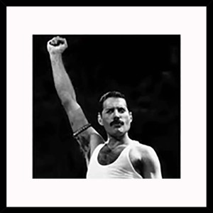 Quadro in bianco e nero di Freddie Mercury con pugno alzato.