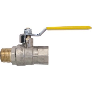 Valvola a sfera in ottone con maniglia gialla per impianti idraulici.