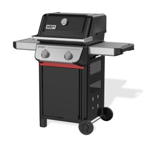 Barbecue a gas Weber Spirit nero con due ripiani laterali.