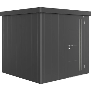 Casetta da giardino Biohort Neo 2B in grigio scuro metallizzato con porta standard. Casetta in metallo per il giardino.