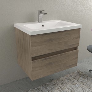 Mobile bagno moderno con lavabo e mobiletto in legno.