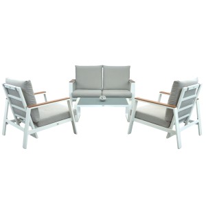 Set di mobili da giardino moderno con divano, due poltrone e tavolo. Ideale per terrazza e giardino.