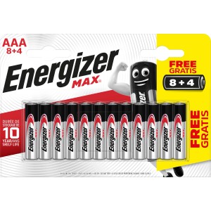Energizer Max AAA Batterie, confezione da 8+4, batterie alcaline per dispositivi.