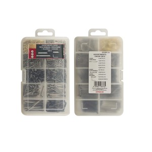 Set di chiodi assortiti in scatole di plastica, varie dimensioni e modelli.