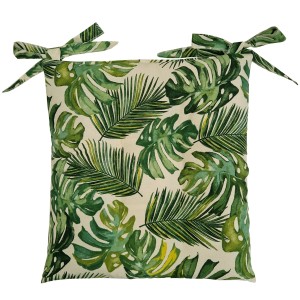 Cuscino per sedia t.b.t. con motivo a foglie tropicali e lacci.