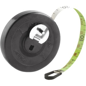 Rotella metrica t.b.t. con corpo nero e nastro di misurazione verde.