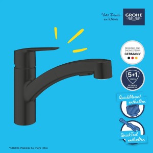 Miscelatore monocomando per lavello Grohe QuickFix Start, nero. Con bocca piatta e doccetta estraibile a doppio getto.