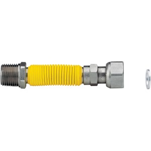 Tubo flessibile giallo con connettori in metallo per impianti idraulici o di riscaldamento.