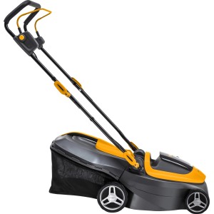 Stiga tagliaerba a batteria Collector 136e con batteria e caricabatterie. Tosaerba compatto grigio e giallo.