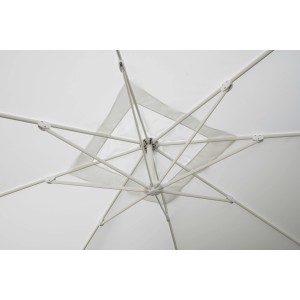 Dettaglio dell'ombrellone a braccio bianco t.b.t. dal basso, che mostra la struttura.