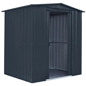 Casetta da giardino in metallo antracite con porta scorrevole aperta.
