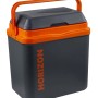 Frigorifero portatile grigio-arancione per campeggio con maniglia.
