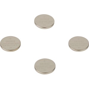 Quattro batterie a bottone CR2032 argentate per orologi, calcolatrici e fotocamere.