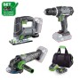 Set utensili a batteria 3 in 1 LUX-TOOLS: trapano avvitatore, seghetto alternativo, smerigliatrice angolare, batteria, caricabatterie e borsa.