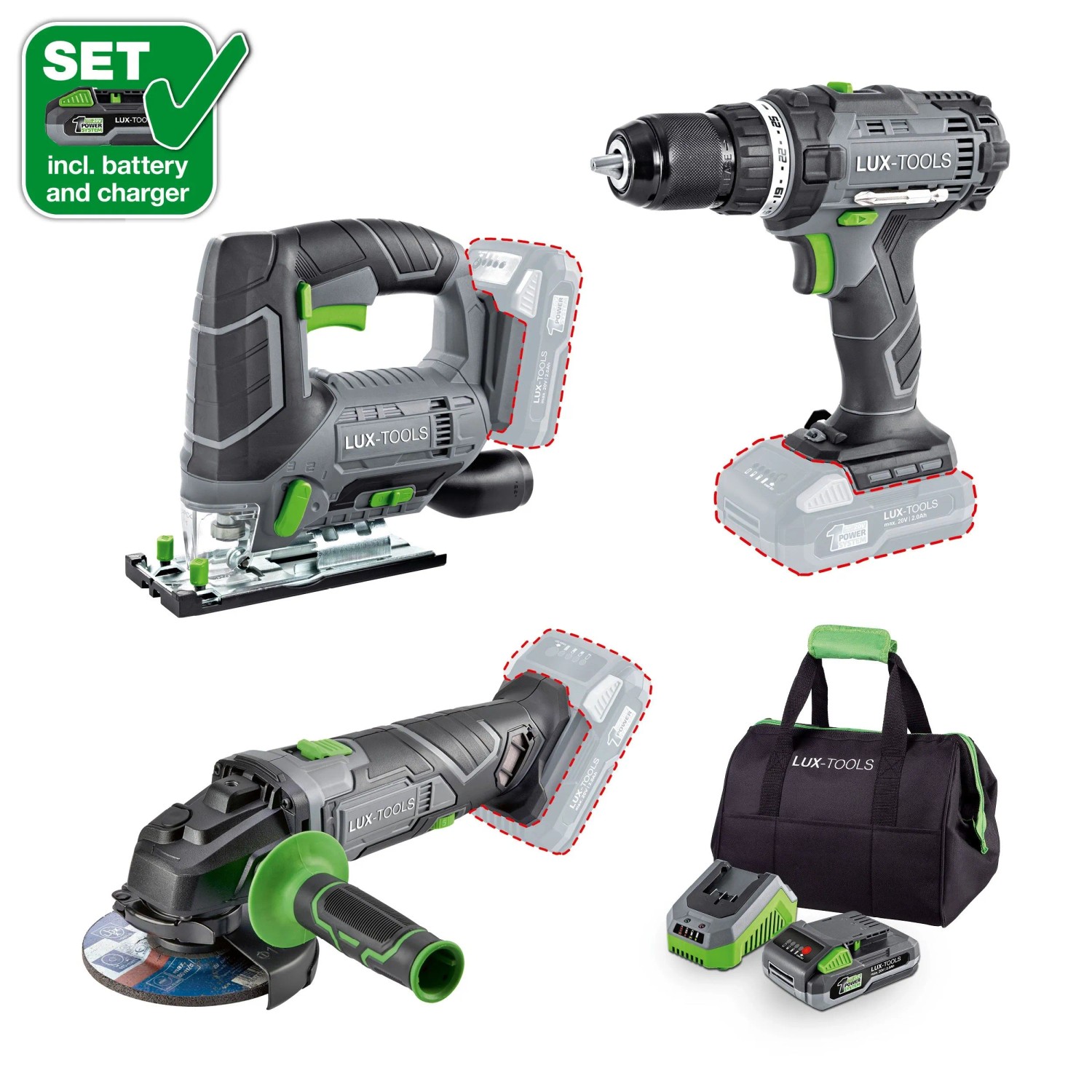 Set utensili a batteria 3 in 1 LUX-TOOLS: trapano avvitatore, seghetto alternativo, smerigliatrice angolare, batteria, caricabatterie e borsa.