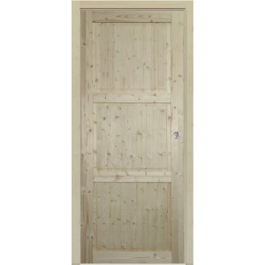 Porta interna in legno chiaro con tre pannelli e serratura.