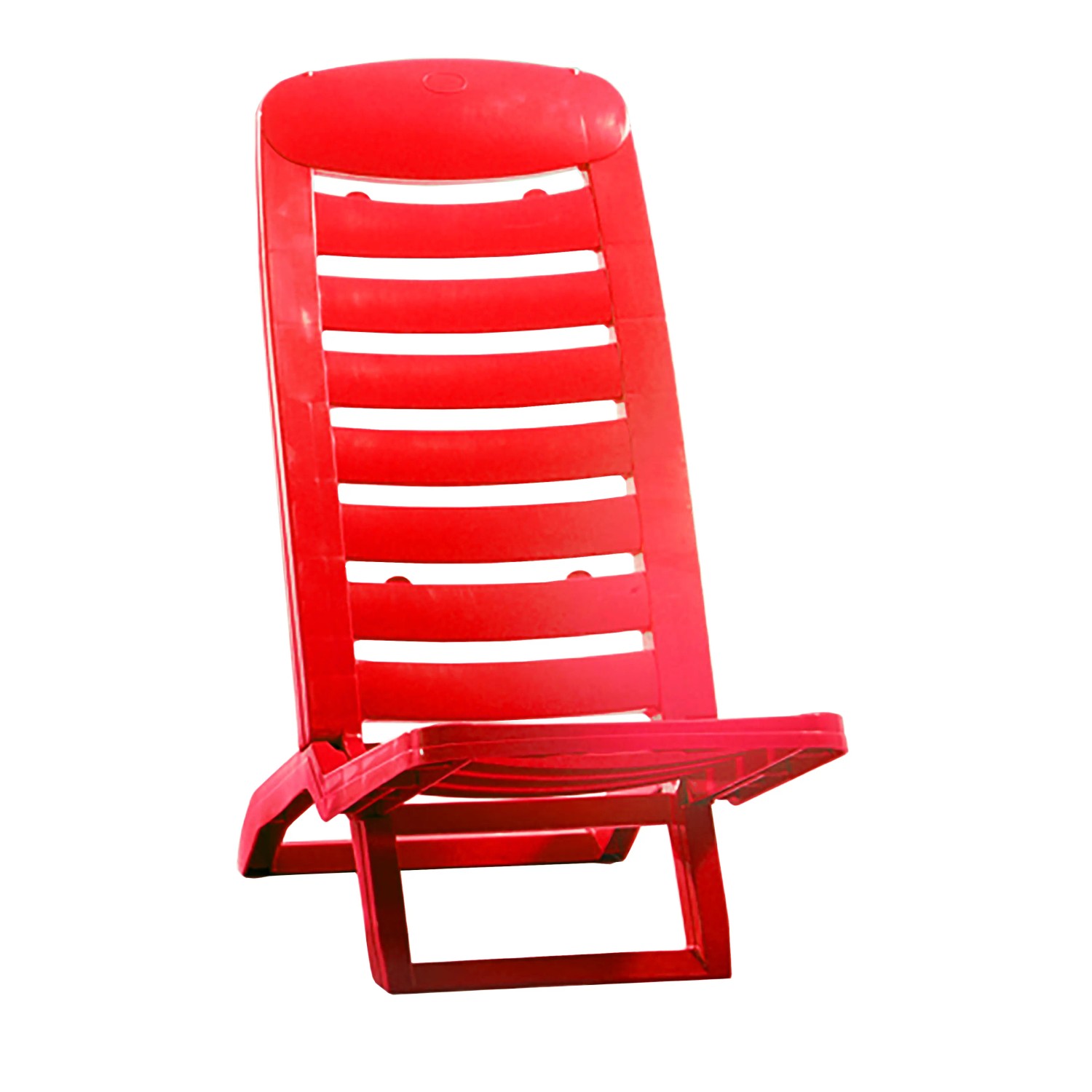 Lettino prendisole t.b.t. rosso in plastica con schienale regolabile.