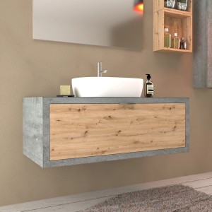 Mobile bagno moderno con lavabo e frontale in legno effetto cemento.