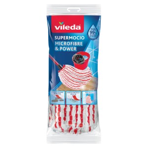 Vileda SuperMocio Microfibre & Power mocio nella confezione, rosso e bianco.