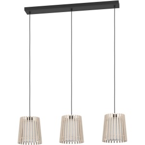 Lampada a sospensione Eglo Fattoria con 3 paralumi in legno e tessuto, bianco, nero-marrone.