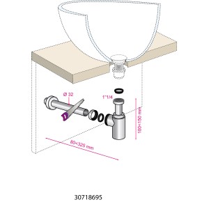 Schizzo di un sifone per lavabo con accessori e dimensioni.