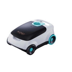 Robot per piscina Aiper, bianco/nero con accenti turchesi.