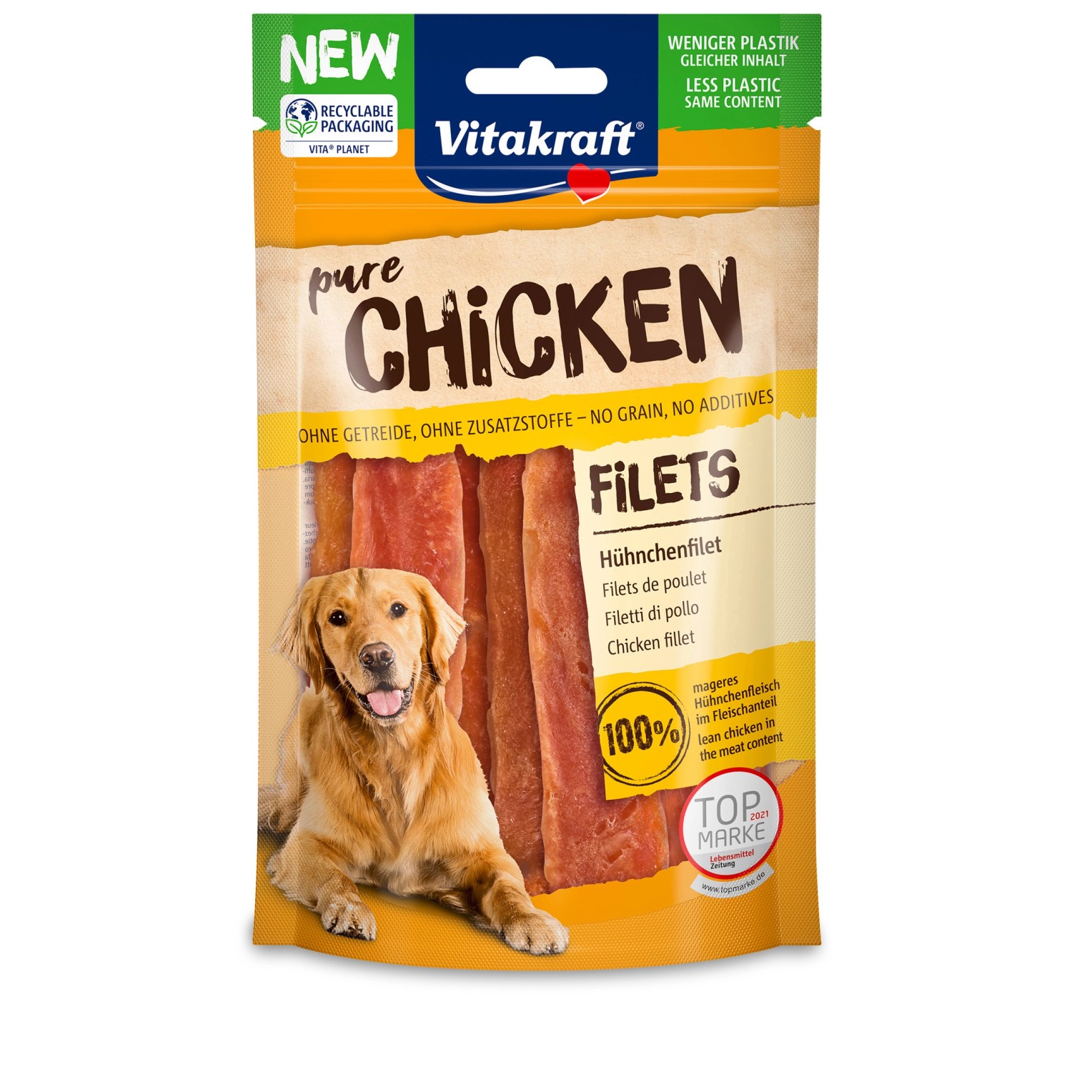 Vitakraft Pur Filetto di Pollo 80g per cani: Strisce di filetto di petto di pollo al 100% in sacchetto richiudibile.