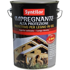 Barattolo scuro di impregnante per legno Syntilor per esterni.