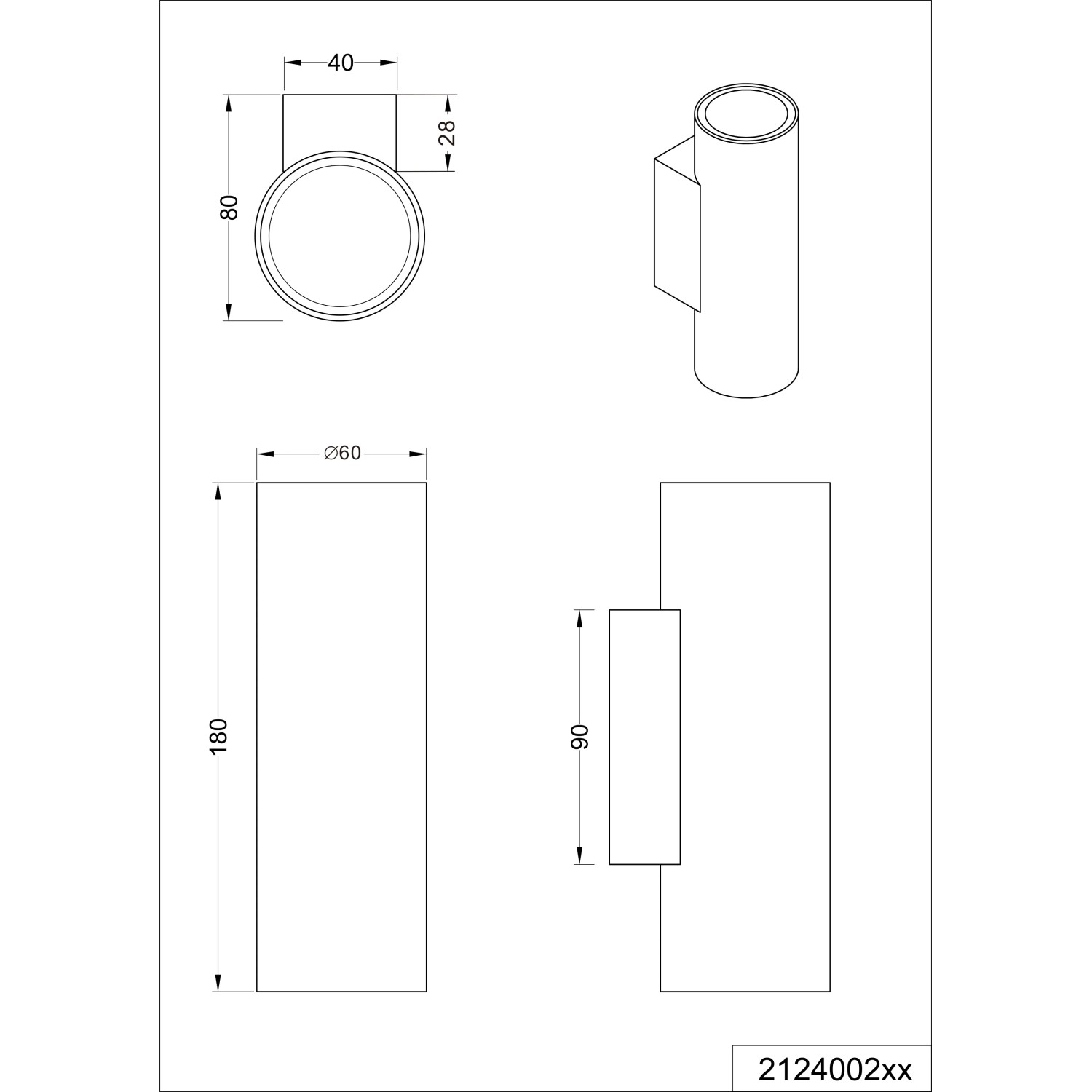 Disegno tecnico della lampada da parete Trio Marley bianca a 2 luci con dimensioni.