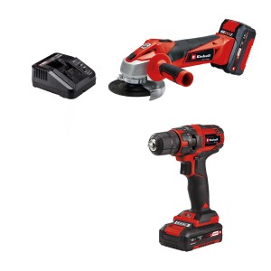 Set avvitatore a batteria: trapano avvitatore, smerigliatrice angolare e caricabatterie.