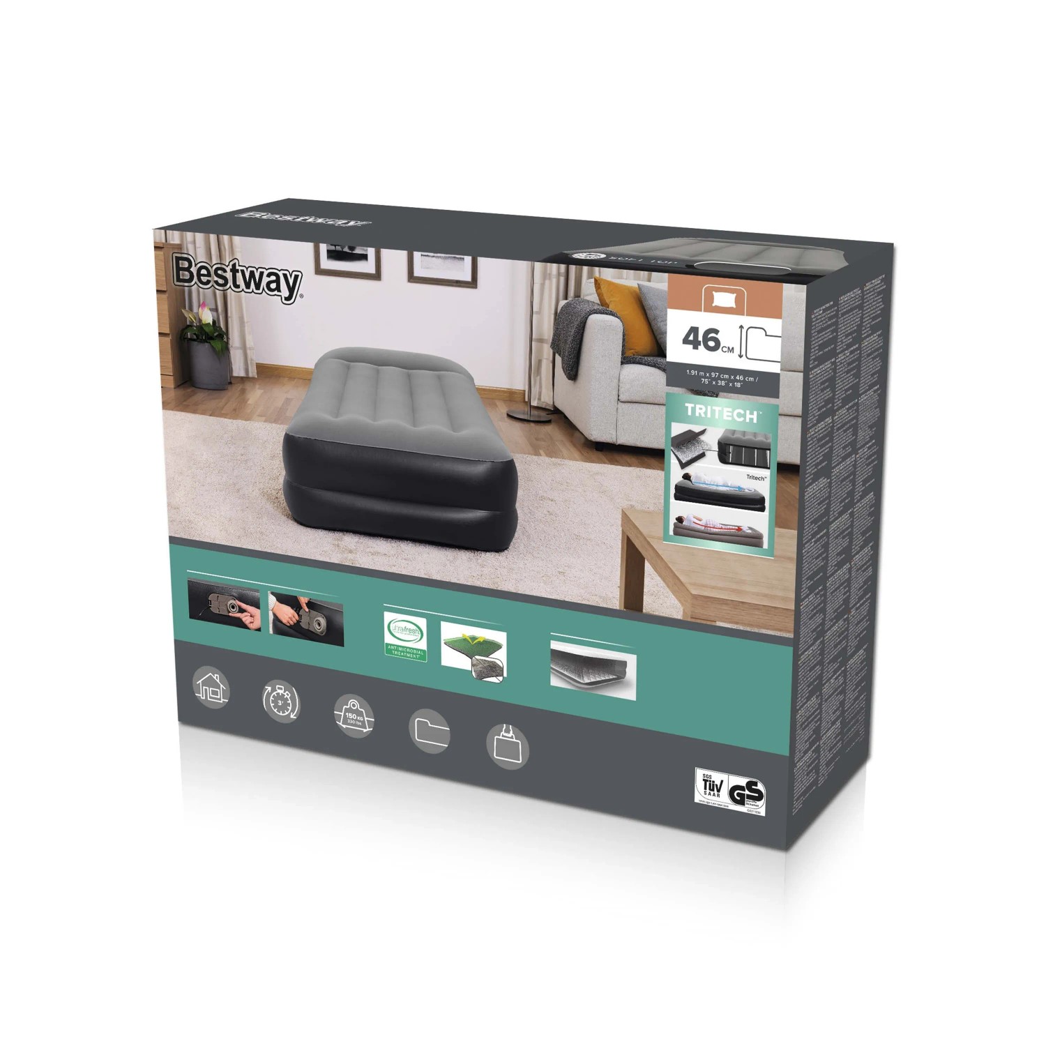 Confezione di un materasso ad aria Bestway t.b.t. per campeggio, grigio/nero.