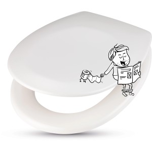 Sedile WC baliv Abuna bianco in duroplast con divertente disegno a fumetti.