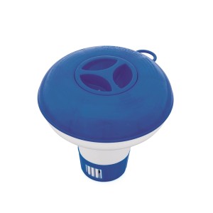 Galleggiante Bestway per pastiglie chimiche da piscina fino a 20g, blu e bianco.